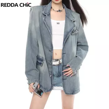 Женский джинсовый пиджак в стиле ретро REDDACHiC 90-х годов, синяя потертая куртка с подкладкой на плечах, демисезонный пиджак, костюм Y2k, Корейская уличная одежда