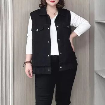 Женский джинсовый жилет с лацканами, винтажный жилет из мытого хлопка без рукавов, свободного покроя, повседневная осенняя куртка, XL, XXL, 8276