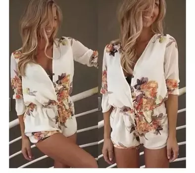 Женский хлопковый комбинезон с цветочным принтом, V-образным вырезом