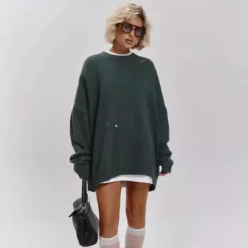 Женский хлопковый свитер с круглым вырезом, длинным рукавом