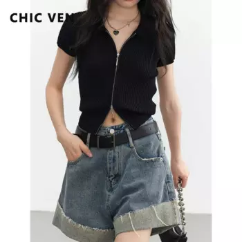 Женский кардиган CHIC VEN на молнии, однотонные женские свитера, вязаные футболки, женский топ с короткими рукавами, лето 2023, пуловеры