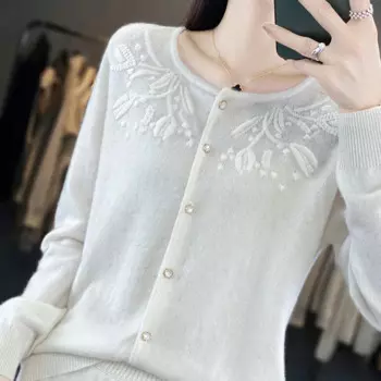 Женский кардиган из 100% чистого кашемира, круглый вырез, ручная вышивка, Свободный вязаный крючком, ленивый свитер, вязаное пальто, осень, зима