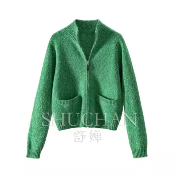 Женский кардиган на молнии, роскошный теплый кашемировый кардиган с воротником-стойкой, 100%