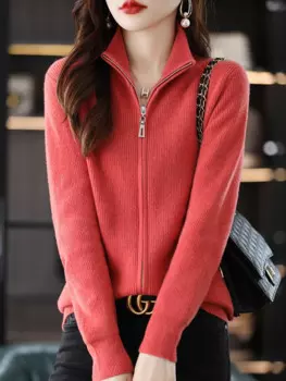 Женский кардиган на молнии, свитер из 100% мериносовой шерсти, осенне-зимняя Толстая Повседневная кашемировая трикотажная одежда с длинным рукавом, корейское модное пальто