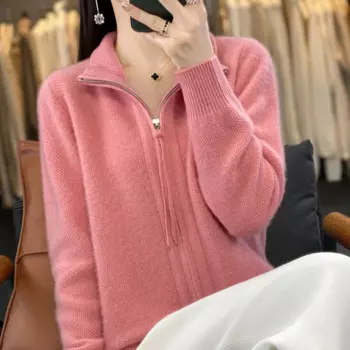 Женский кардиган WOTEEWS, свитер с высоким воротником, вязаный из чистой шерсти, Коллекция осень-зима, женский свитер с длинным рукавом