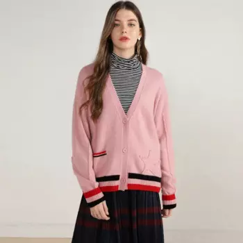 Женский кашемировый кардиган на пуговицах, розовый кардиган с v-образным вырезом и длинным рукавом, верхняя одежда больших размеров, 100%