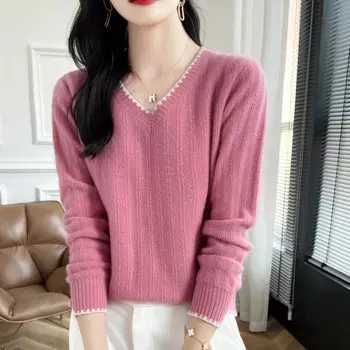 Женский кашемировый пуловер с V-образным вырезом и кружевом