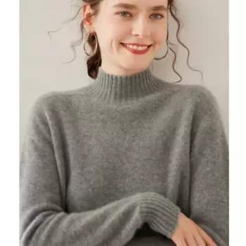 Женский кашемировый свитер, однотонный свободный базовый джемпер с полувысоким воротником, Осень-зима