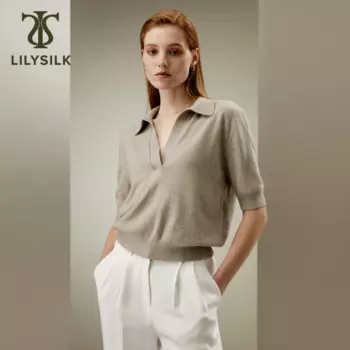 Женский кашемировый свитер-поло LILYSILK с короткими рукавами и ребристой отделкой