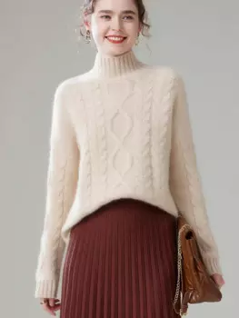 Женский кашемировый свитер, Повседневный пуловер оверсайз для зимы 100%, кашемировая трикотажная одежда, высококачественный джемпер с воротником-стойкой и завязкой, топы