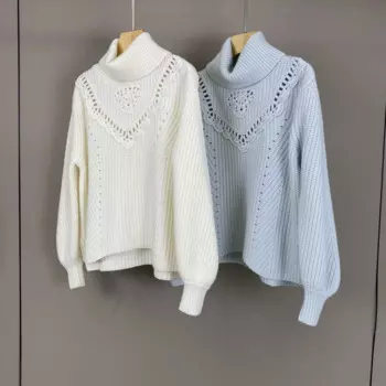 Женский кашемировый свитер с цветочным узором, осенне-зимний белый или синий Свободный вязаный пуловер с длинным рукавом и воротником-хомутом