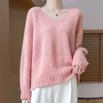Женский кашемировый свитер с V-образным вырезом, свободный трикотажный пуловер из 100%-ной шерсти, Осень-зима