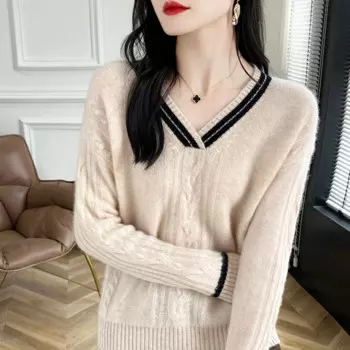 Женский кашемировый свитер с V-образным вырезом, свободный трикотажный пуловер из 100% чистой шерсти, Осень-зима