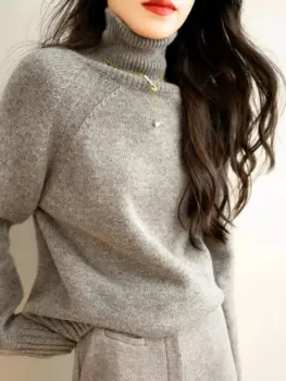 Женский кашемировый свитер, Свободный вязаный пуловер с высоким воротом, Осень-зима