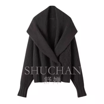 Женский кашемировый свитер, теплый плотный вязаный кардиган с воротником-шарфом, зима 100%