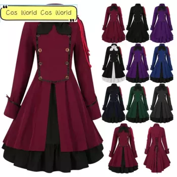 Женский классический костюм в стиле ретро средневековой стимпанк, черное пальто на шнуровке с бантом и длинными рукавами, оборками, женский костюм