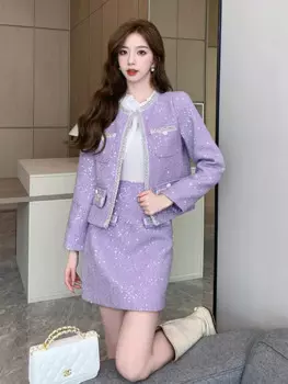 Женский клетчатый костюм из двух предметов, розовый и белый комплект из короткой твидовой куртки и полуюбки, осенний костюм из двух предметов