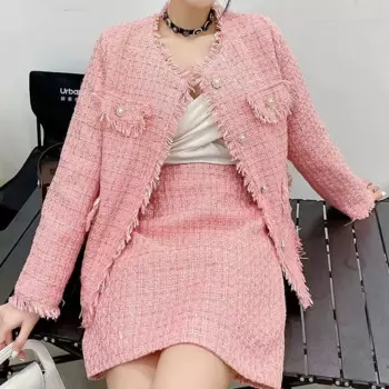 Женский клетчатый костюм из двух предметов, розовый и белый комплект из короткой твидовой куртки и полуюбки, осенний костюм из двух предметов