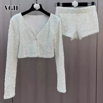 Женский клубный костюм VGH из двух предметов, кардиган с V-образным вырезом и длинным рукавом, комбинированный кардиган на одной пуговице, шорты с высокой талией, женская осенняя одежда