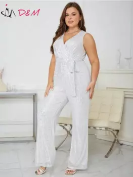 Женский комбинезон D & M-Belted с пайетками, элегантные комбинезоны, большие размеры, Traf, Surplice Neck, женские социальные комбинезоны