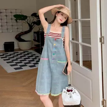 Женский комбинезон из денима, винтажный повседневный комбинезон в Корейском стиле, свободные шорты с широкими штанинами, цельный костюм, женская одежда