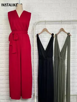 Женский комбинезон-майка InsLike со складками, сексуальный черный офисный комбинезон с бантом и открытой спиной, цельный Летний комбинезон для улицы, с широкими штанинами