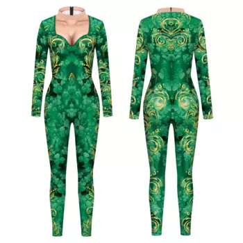 Женский комбинезон на День Святого Патрика, зеленое боди, костюм для косплея на Хэллоуин, сексуальный эластичный костюм из спандекса