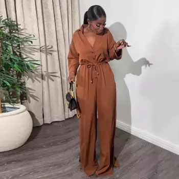Женский комбинезон, яркий однотонный комбинезон с воротником-стойкой, длинными рукавами, пуговицами, высокой талией и завязками, комбинезон с широкими штанинами и разрезом