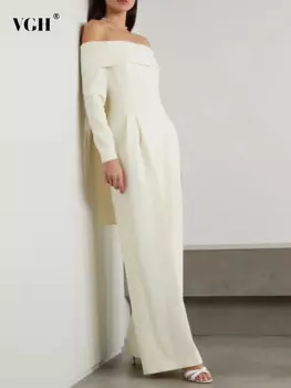 Женский комбинезон с открытыми плечами VGH, однотонный минималистичный комбинезон с воротником-лодочкой, длинным рукавом и шнуровкой, комбинезон с широкими штанинами для лета