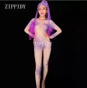 Женский комбинезон со стразами, розовый, с сеточкой