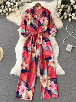 Женский комбинезон в европейском и американском стиле с V-образным вырезом и короткими рукавами, на шнуровке, с прямыми свободными штанинами, длинный комбинезон с принтом и широкими штанинами D0669