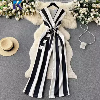 Женский комбинезон в полоску, повседневный комбинезон без рукавов с V-образным вырезом, широкие брюки с высокой талией и шнуровкой, лето 2024