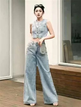 Женский комплект 2024, яркий однобортный Топ без рукавов с круглым вырезом и стразами или прямые широкие брюки с высокой талией
