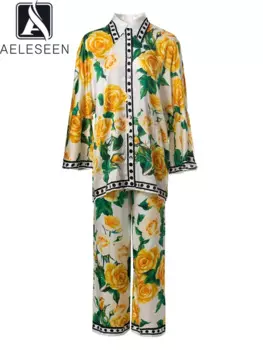 Женский комплект из 2 предметов AELESEEN, Сицилийская блузка свободного покроя в горошек и длинные брюки с принтом в виде желтых роз, весна-осень