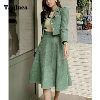 Женский комплект из 2 предметов, элегантный повседневный однобортный короткий укороченный блейзер с высокой талией и трапециевидной юбкой средней длины, облегающий костюм в Корейском стиле на осень