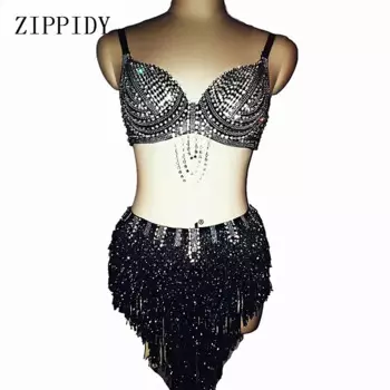 Женский комплект из 2 предметов, черно-белый сексуальный костюм, юбка с бахромой, короткая одежда для выпусквечерние вечера и сцены, танцевальный костюм, сексуальный наряд