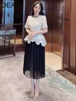 Женский комплект из 2 предметов DEAT, кружевной однобортный Топ с круглым вырезом и плиссированная Свободная юбка, повседневные Костюмы, лето 2024, 35Z564