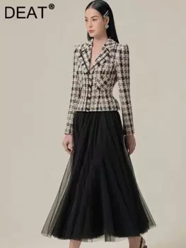 Женский комплект из 2 предметов DEAT, шерстяное пальто в клетку с эластичной талией и юбка из газовой ткани, вечерний праздничный костюм, осень 2024, 35Z1024