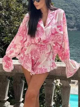 Женский комплект из 2 предметов, Элегантная блузка с длинным рукавом и шорты с высокой талией и оборками, модный свободный костюм с принтом, 3148