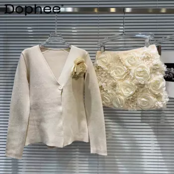 Женский комплект из 2 предметов, трикотажный свитер и куртка с трехмерными цветами и юбка, осень 2024