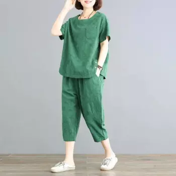 Женский комплект из 2 предметов, Винтажная футболка с коротким рукавом и укороченные штаны