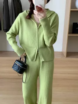 Женский комплект из 2 предметов, зеленый свитер, пальто и брюки с широкими штанинами, Свободный вязаный уличный костюм в Корейском стиле на осень и зиму