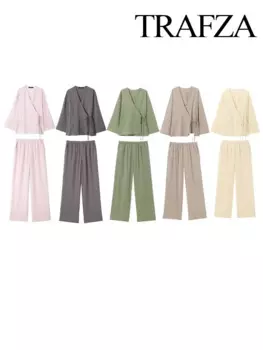 Женский комплект из блузки и брюк, с V-образным вырезом