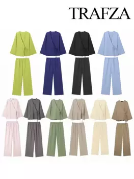 Женский комплект из блузки и брюк, с V-образным вырезом