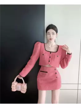 Женский комплект из двух предметов Insozkdg, шерстяной короткий жакет с длинным рукавом и квадратным вырезом и юбка-карандаш с завышенной талией, весна-осень