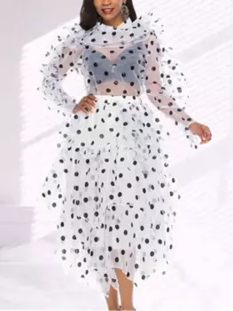 Женский комплект из двух предметов из прозрачной сетки, тонкая прозрачная рубашка, милая блузка с рюшами из органзы, нерегулярная юбка-миди, костюм на весну и лето