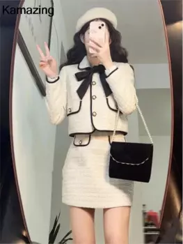 Женский комплект из двух предметов, комплект из укороченной куртки с высокой талией и мини-юбки на пуговицах, элегантный костюм в Корейском стиле, одежда Y2k на осень