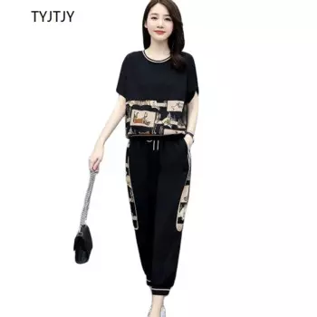 Женский комплект из двух предметов, Новинка лета 2023, Модный повседневный костюм, женский свободный топ с коротким рукавом и штаны, костюм из двух предметов