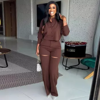 Женский комплект из двух предметов, Новинка весна-осень 2024, стильная рубашка с длинным рукавом и воротником-поло, длинные брюки с широкими штанинами, повседневные Костюмы, женская одежда