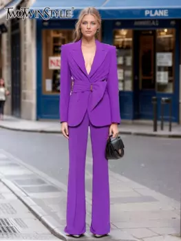 Женский комплект из двух предметов TWOTWINSTYLE, комплект из двух предметов, топ с отворотами и длинными рукавами, Асимметричные Брюки с высокой талией и широкими штанинами